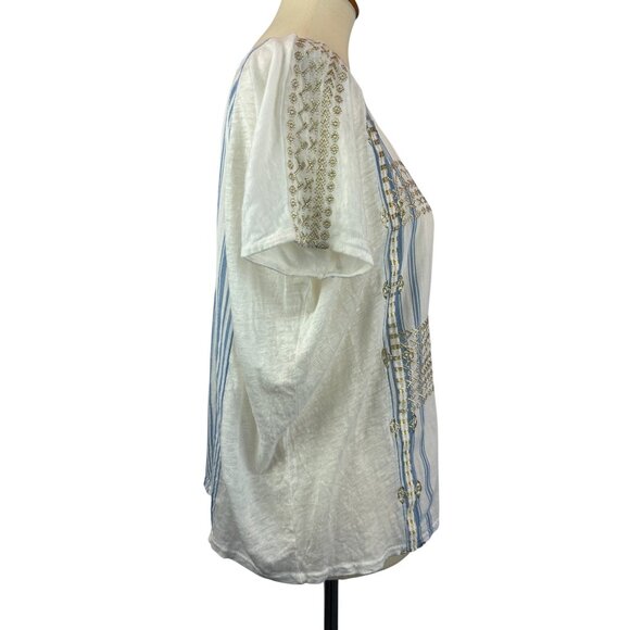 J.Crew  Blue White Striped Linen Cotton Top Womens S Gold Embroidery Boxy - Picture 5 of 12